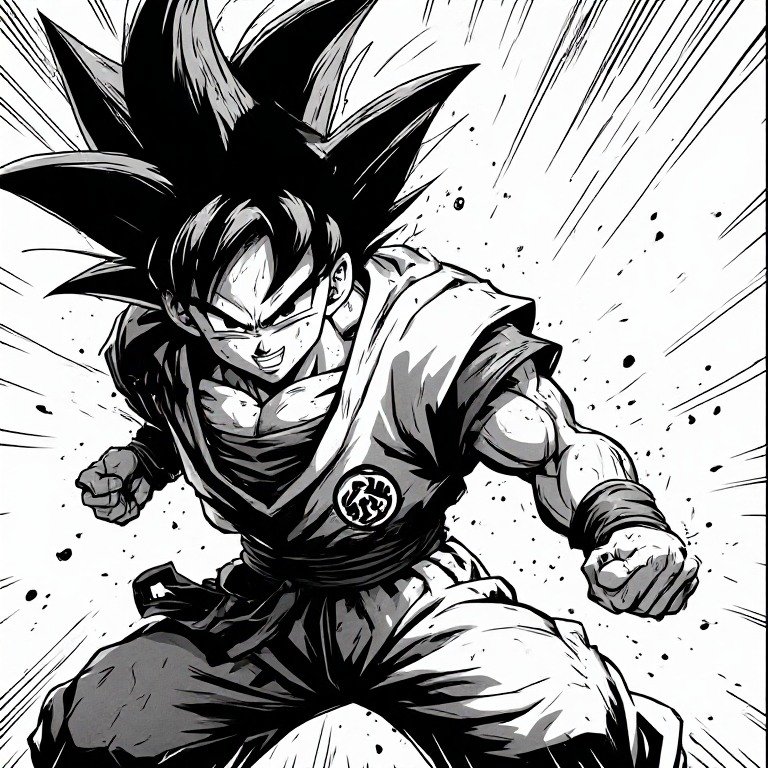 Dramatic manga Goku profile picture in a battle pose